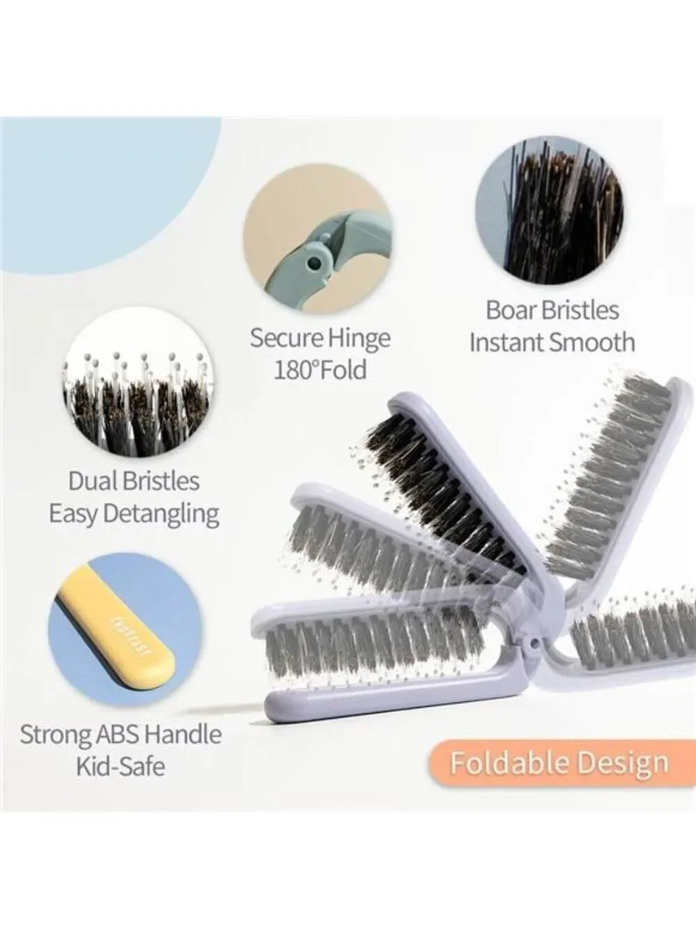 Mini Travel Hair Brush Folding Detangler Boar Bristles Portable Wet Dry Kids Wom